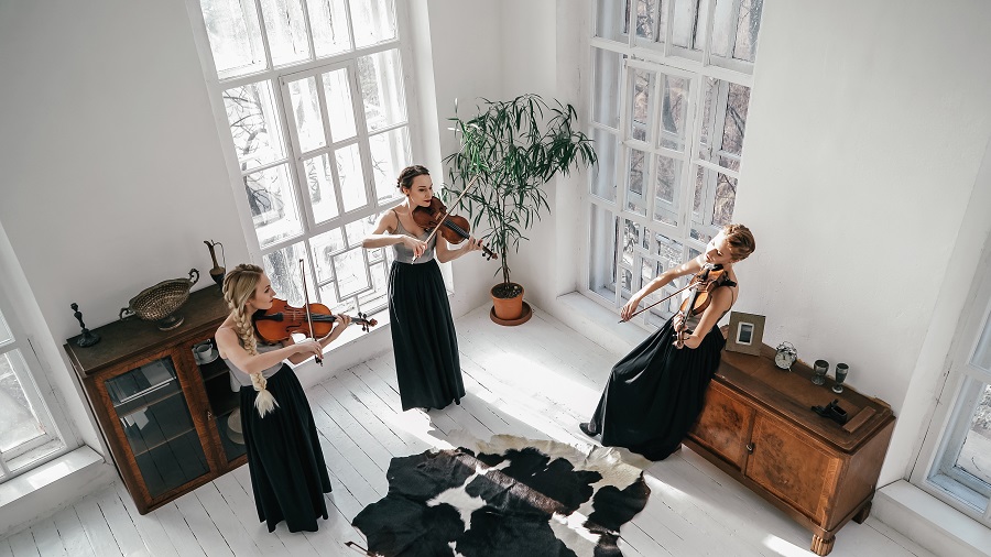 Three Inspired Beautiful Women Giving A Concert Of Classical Music